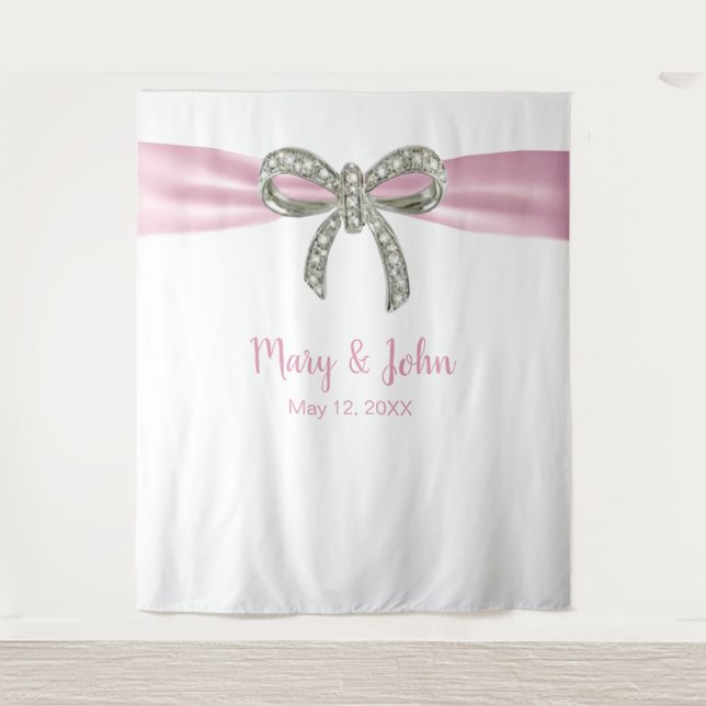 Pink Ribbon Diamond Bow Wedding Backdrop Tapestry (Front)