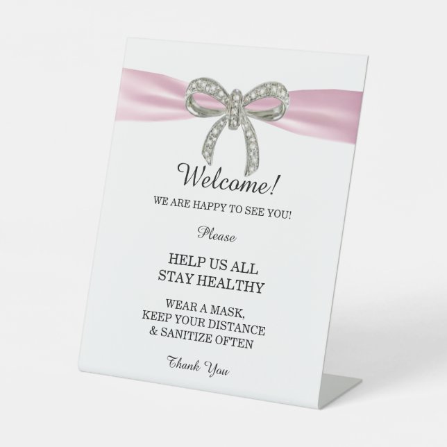 Pink Ribbon Diamond Bow Wedding Safety Pedestal Sign (Front)