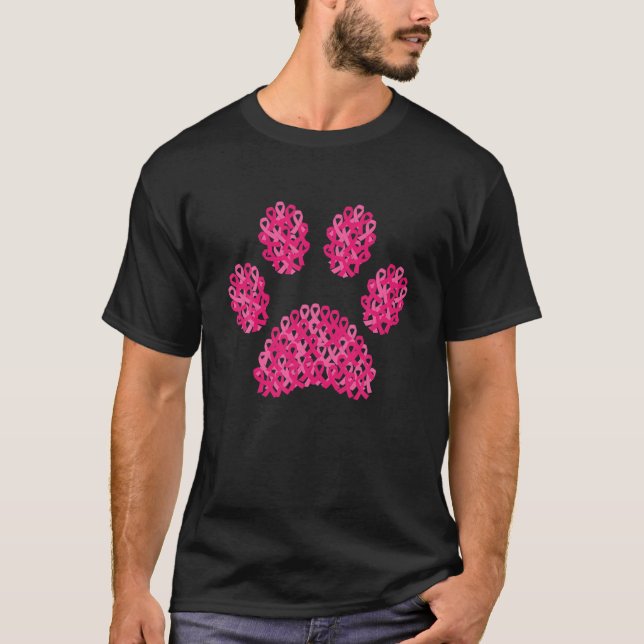 Pink Ribbon Dog Paw Print Breast Cancer Awareness T-Shirt (Front)