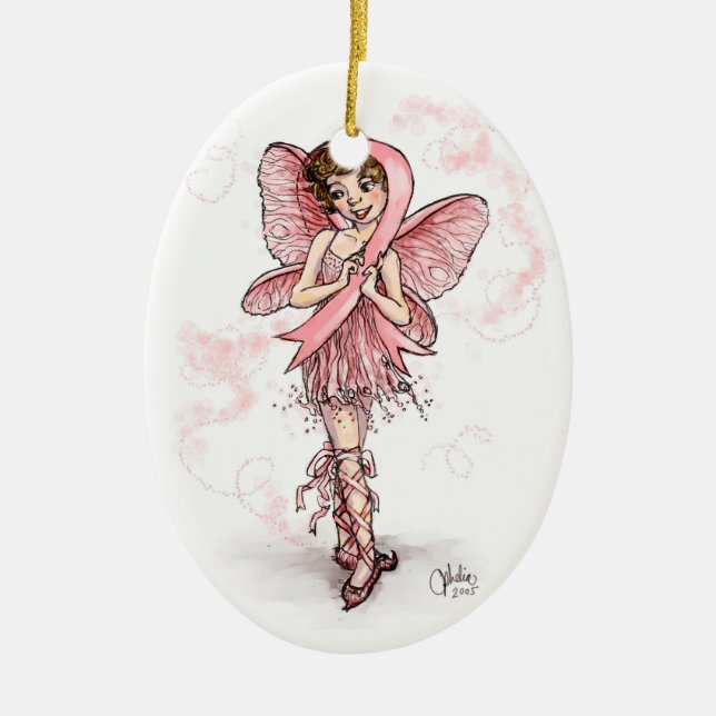 Pink Ribbon Fairy Ceramic Tree Decoration (Front)
