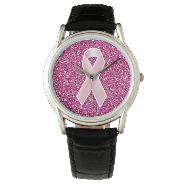 Pink Ribbon & Faux Glitter Watch (Front)