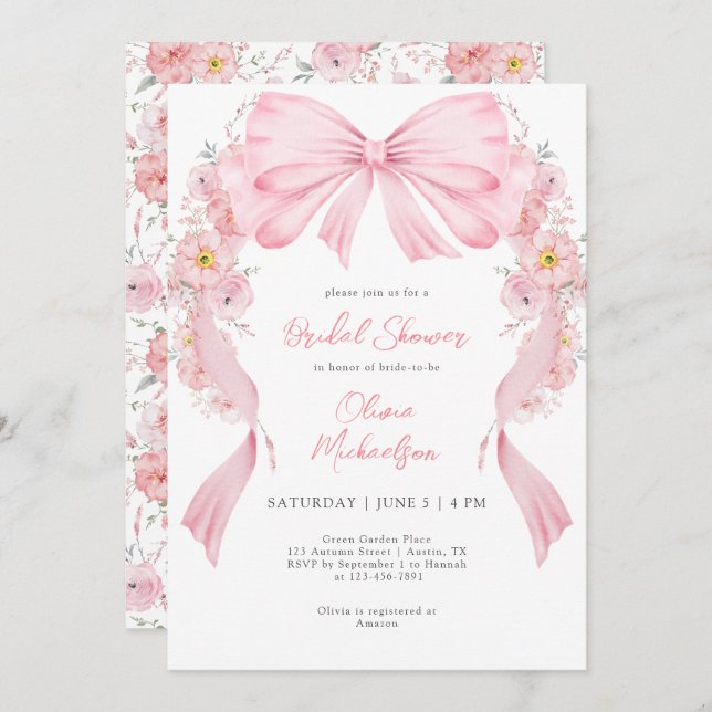Pink Ribbon Floral Arch Bow Coquette Bridal Shower Invitation (Front/Back)
