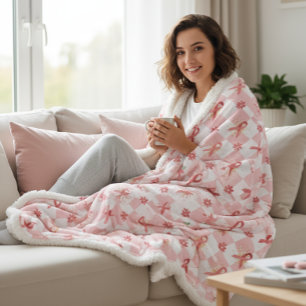Pink Ribbon & Floral Chequered  Sherpa Blanket