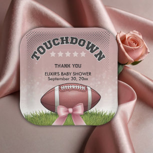 Pink  Ribbon Football Touchdown Baby Shower Paper Plate