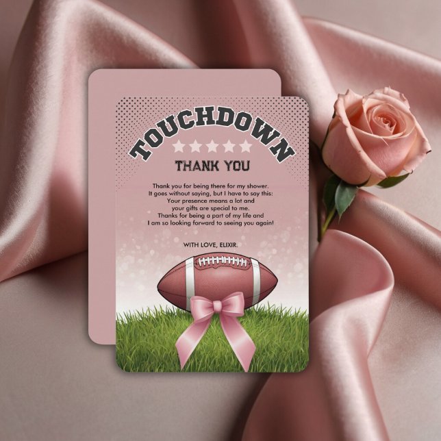 Pink  Ribbon Football Touchdown Baby Shower Thank You Card (Creator Uploaded)