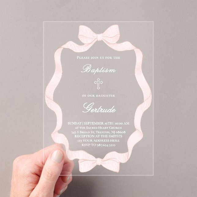  pink ribbon frame Baptism  Acrylic Invitations (Insitu (Handheld))