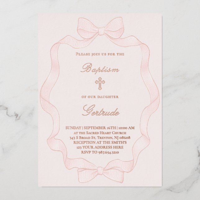  pink ribbon frame Baptism Invitation (Front)