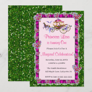 Pink Ribbon Green Glitter Royal Princess Birthday Invitation