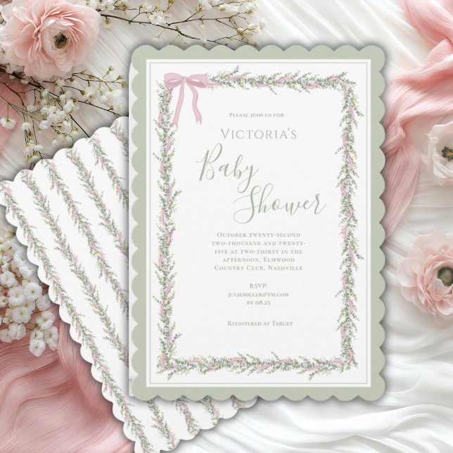Pink Ribbon Greenery Elegant Baby Shower Invitation (Creator Uploaded)