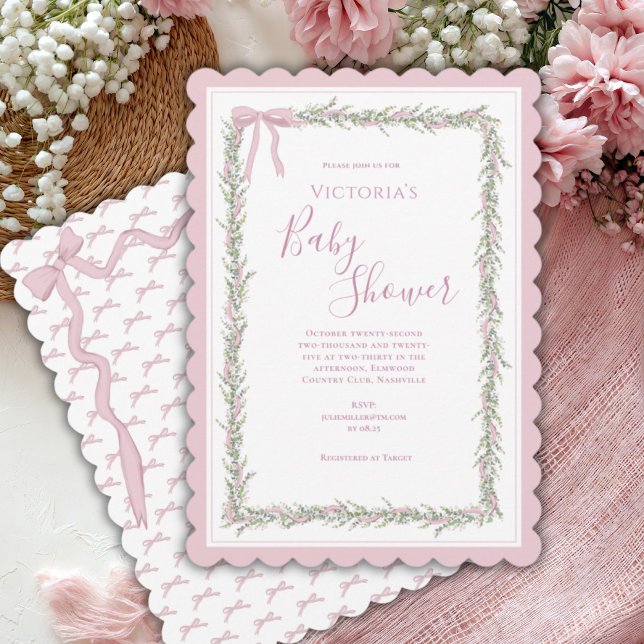 Pink Ribbon Greenery Elegant Baby Shower Invitation (Creator Uploaded)
