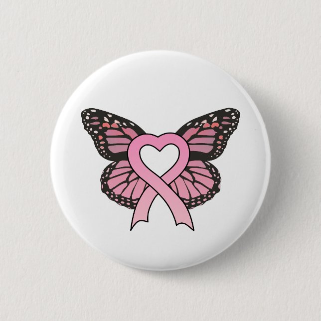 Pink Ribbon Heart Butterfly Button (Front)