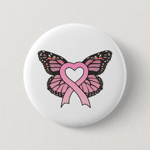 Pink Ribbon Heart Butterfly Button