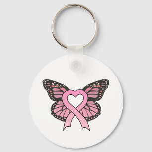 Pink Ribbon Heart Butterfly Keychain