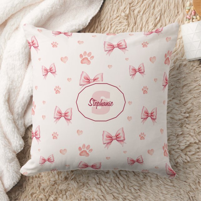 Pink Ribbon, Heart & Paw Print Pattern - Soft Pink Cushion (Blanket)