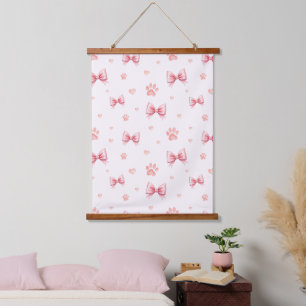 Pink Ribbon, Heart & Paw Print Pattern - Soft Pink Hanging Tapestry