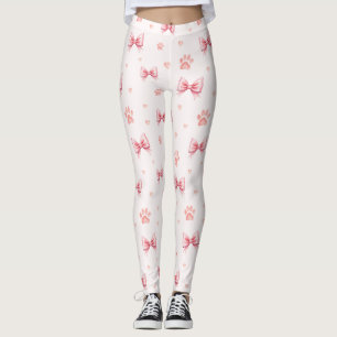 Pink Ribbon, Heart & Paw Print Pattern - Soft Pink Leggings