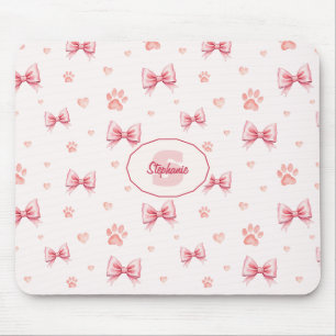 Pink Ribbon, Heart & Paw Print Pattern - Soft Pink Mouse Pad