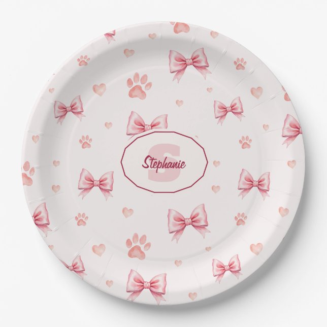 Pink Ribbon, Heart & Paw Print Pattern - Soft Pink Paper Plate (Front)