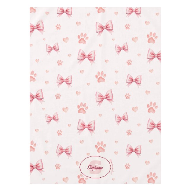 Pink Ribbon, Heart & Paw Print Pattern - Soft Pink Tablecloth (Front)