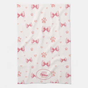 Pink Ribbon, Heart & Paw Print Pattern - Soft Pink Tea Towel