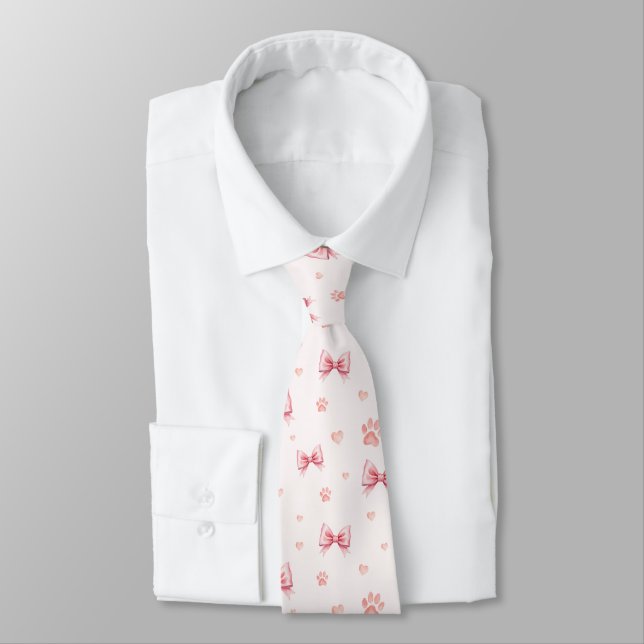 Pink Ribbon, Heart & Paw Print Pattern - Soft Pink Tie (Tied)
