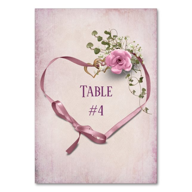 Pink Ribbon Heart with Rings Table Number (Front)
