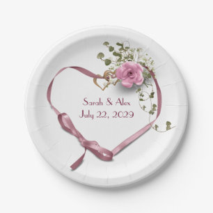 Pink Ribbon Heart with Rose Paper Plate