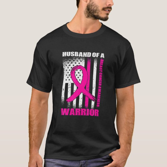 Pink Ribbon Husband Of A Warrior Breast Cancer Awa T-Shirt (Front)