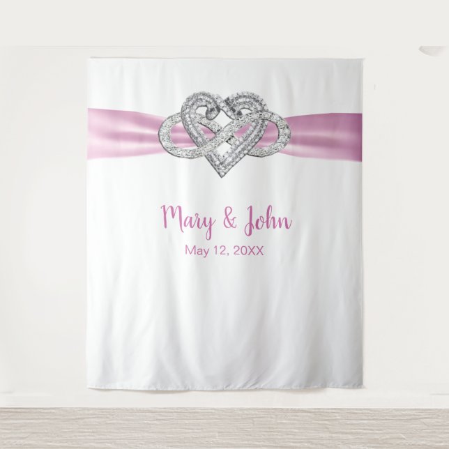 Pink Ribbon Infinity Heart Wedding Backdrop Tapestry (Front)