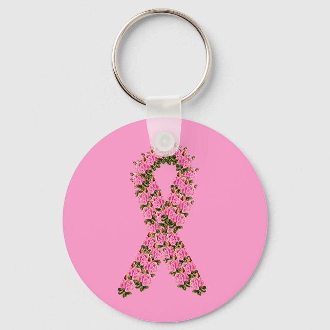 Pink Ribbon Made of Pink Roses Key Ring (Front)