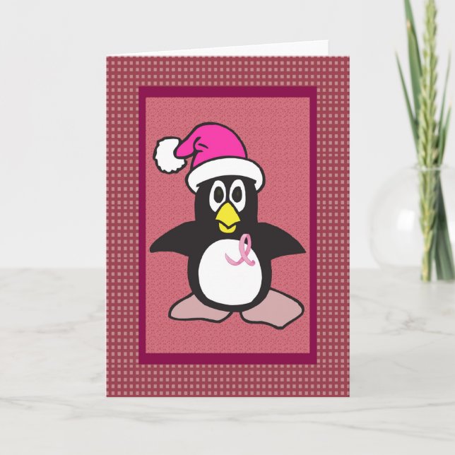 pink ribbon penguin holiday card (Front)
