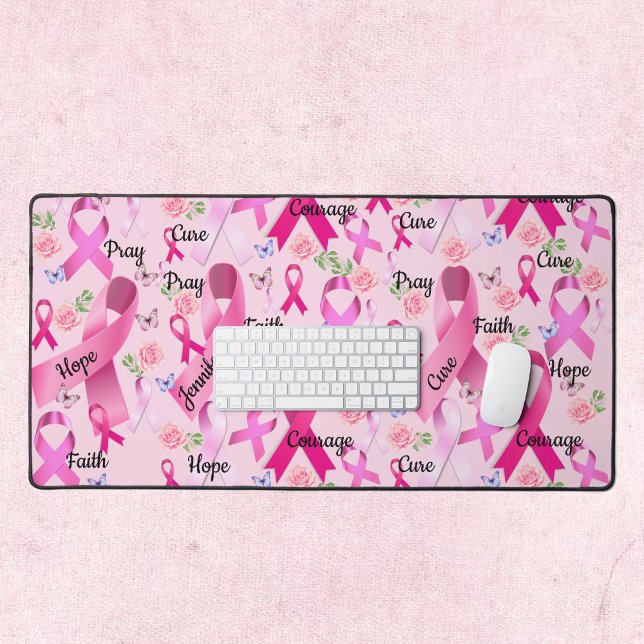 Pink Ribbon Personalise Words & Name Breast Cancer Desk Mat (Creator Uploaded)
