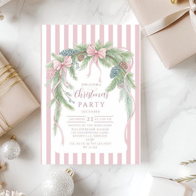 Pink Ribbon Pine Christmas Invitation (Creator Uploaded)