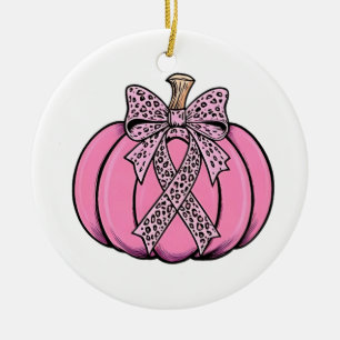 Pink Ribbon Pumpkin Face Halloween Breast Cancer Ceramic Tree Decoration