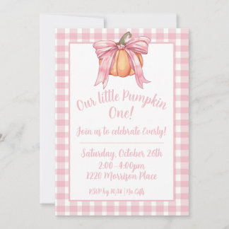 Pink Ribbon Pumpkin, Gingham Pink Girl Fall Bow In Invitation