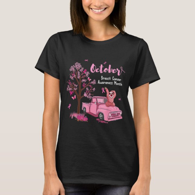 Pink Ribbon Pumpkin Truck Sloth Breast Cancer T-Shirt (Front)