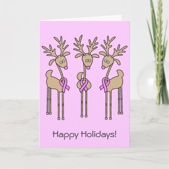 Pink Ribbon Reindeer - Breast Cancer Holiday Card (Front)