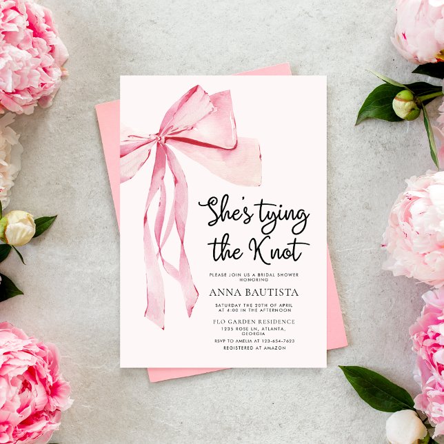 Pink Ribbon She's Tying The Knot Bridal Shower Invitation (Creator Uploaded)
