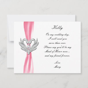 Pink Ribbon Silver Swans Maid Of Honour Card