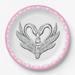 Pink Ribbon Silver Swans Paper Plate