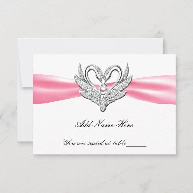 Pink Ribbon Silver Swans Table Place Card (Front)