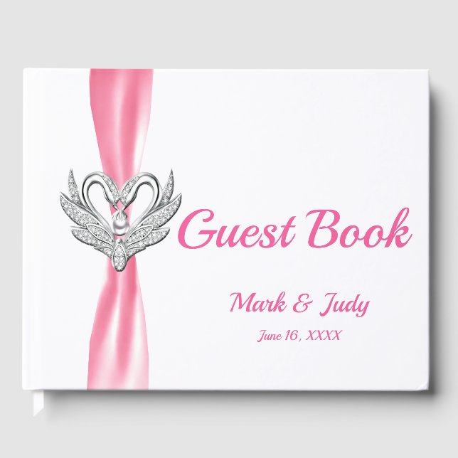 Pink Ribbon Silver Swans Wedding Guestbook (Front)