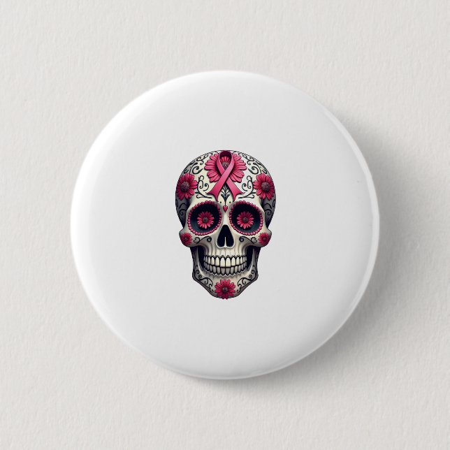 Pink Ribbon Sugar Skull Calavera Breast Cancer Awa 6 Cm Round Badge (Front)