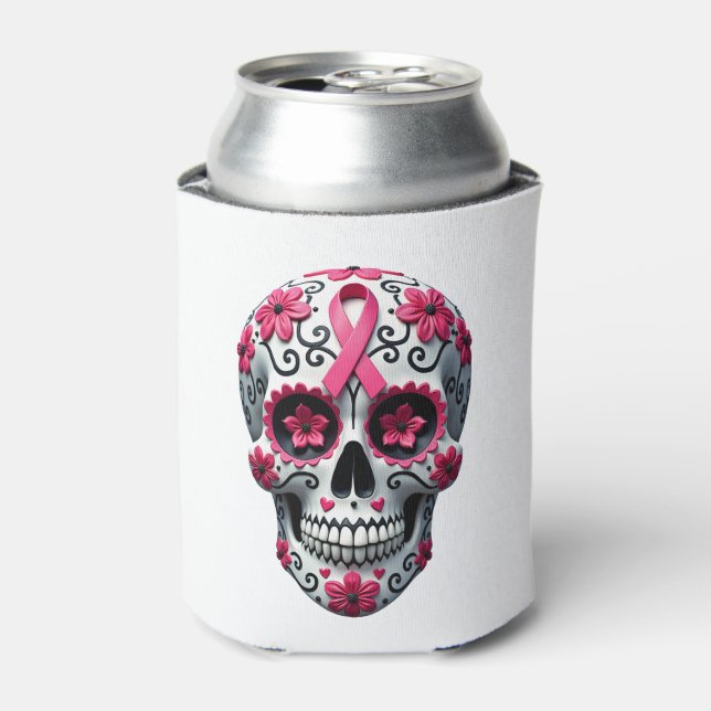 Pink Ribbon Sugar Skull Calavera Breast Cancer Awa Can Cooler (Can Front)