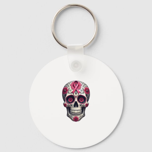 Pink Ribbon Sugar Skull Calavera Breast Cancer Awa Key Ring (Front)