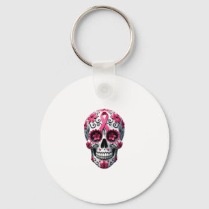 Pink Ribbon Sugar Skull Calavera Breast Cancer Awa Key Ring