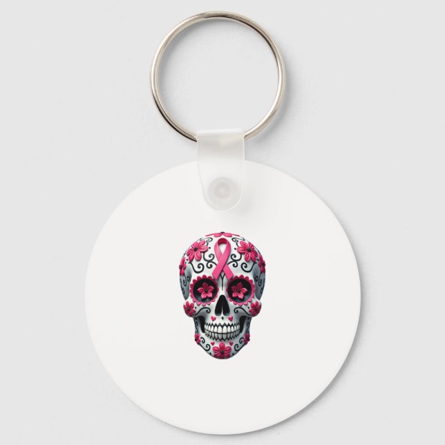 Pink Ribbon Sugar Skull Calavera Breast Cancer Awa Key Ring (Front)
