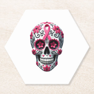 Pink Ribbon Sugar Skull Calavera Breast Cancer Awa Paper Coaster
