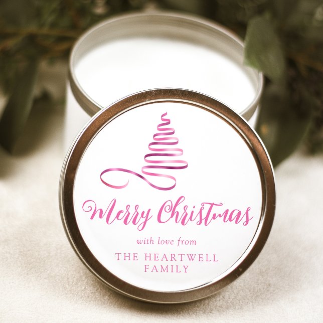 Pink Ribbon Tree Merry Christmas Script Classic Round Sticker (Creator Uploaded)