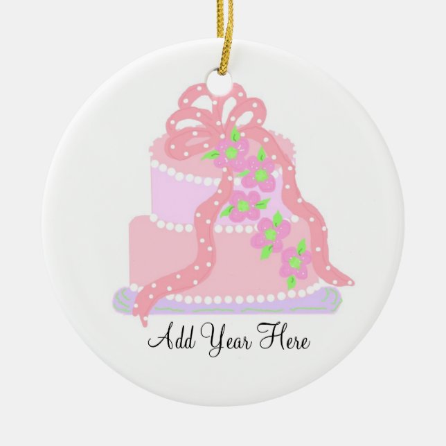 Pink Ribbon Wedding Cake Ceramic Tree Decoration (Front)